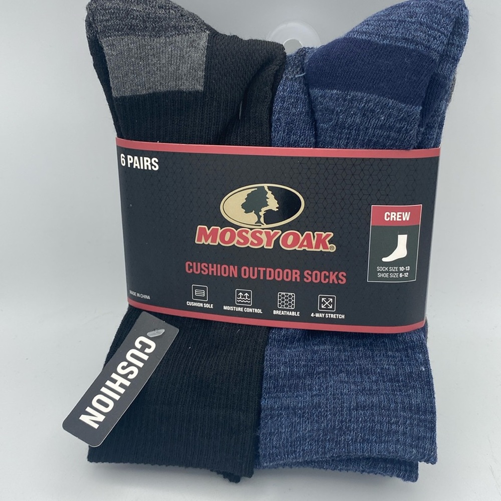 Men’s Mossy Oak Cushion outdoor crew socks 6 pairs moisture control sz 10-13 new